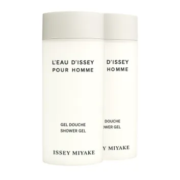 Two bottles of Issey Miyake L'eau D'issey 200ml shower gel for men with black text are shown against a plain background.