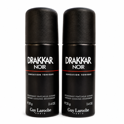 Two cans of Guy Laroche Drakkar Noir Deodorant Spray 3.4oz are positioned side by side against a white background.