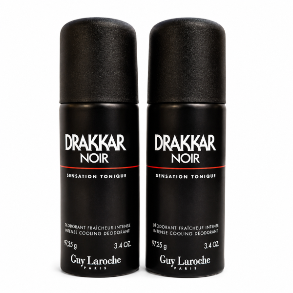 Two cans of Guy Laroche Drakkar Noir Deodorant Spray 3.4oz are positioned side by side against a white background.