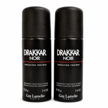 Two cans of Guy Laroche Drakkar Noir Deodorant Spray 3.4oz are positioned side by side against a white background.