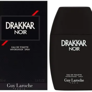 The Guy Laroche Drakkar Noir 100ml EDT for Men bottle in black is displayed beside its matching black and red box with white text.