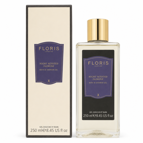A rectangular bottle of Floris London Night Scented Jasmine Bath & Shower Gel for Women, 250ml, stands next to its matching box, both labeled 250 ml (8.45 US fl oz).