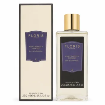 A rectangular bottle of Floris London Night Scented Jasmine Bath & Shower Gel for Women, 250ml, stands next to its matching box, both labeled 250 ml (8.45 US fl oz).