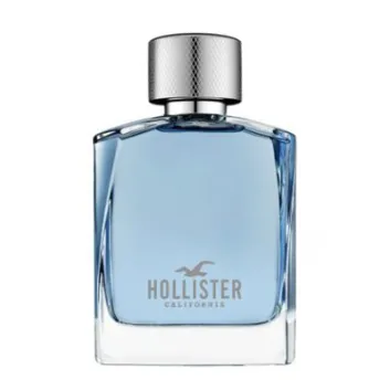A clear rectangular bottle of Hollister Wave for Him 100ml EDT for Men features a silver cap and light blue liquid inside.