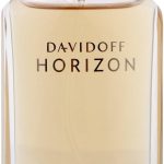 A bottle of Davidoff Horizon Eau de Toilette 125ml Spray for men, featuring a clear glass body, metal accents, and a transparent cap, partially filled with light amber-colored liquid.