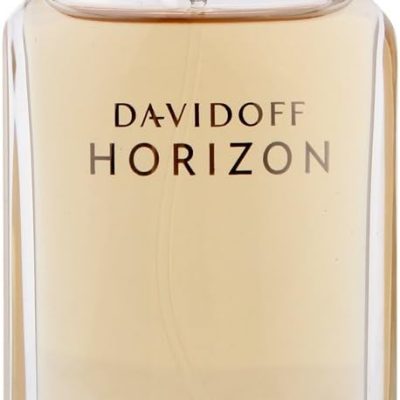 A bottle of Davidoff Horizon Eau de Toilette 125ml Spray for men, featuring a clear glass body, metal accents, and a transparent cap, partially filled with light amber-colored liquid.