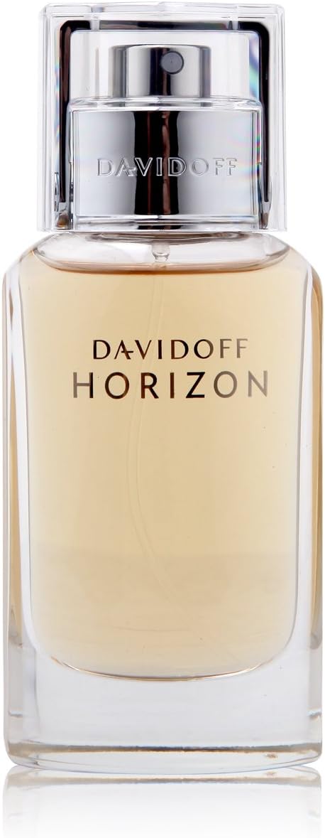 A bottle of Davidoff Horizon Eau de Toilette 125ml Spray for men, featuring a clear glass body, metal accents, and a transparent cap, partially filled with light amber-colored liquid.