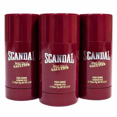 Three Jean Paul Gaultier Scandal Pour Homme deodorant sticks for men, 75ml each, are standing upright side by side.