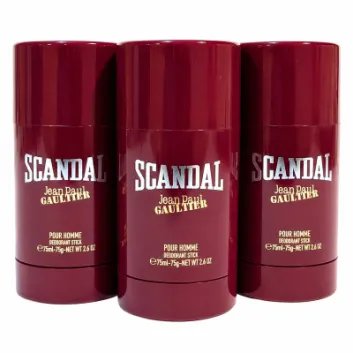Three Jean Paul Gaultier Scandal Pour Homme deodorant sticks for men, 75ml each, are standing upright side by side.