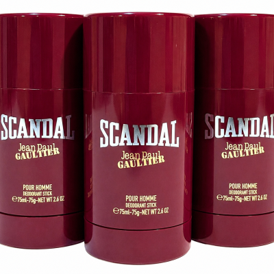 Three Jean Paul Gaultier Scandal Pour Homme, 75ml deodorant sticks for men are arranged side by side against a white background.