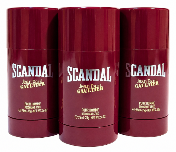 Three Jean Paul Gaultier Scandal Pour Homme, 75ml deodorant sticks for men are arranged side by side against a white background.