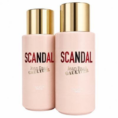 Two 150ml bottles of Jean Paul Gaultier Scandal Pour Femme Shower Gel for Women, featuring pink packaging and gold caps, are placed side by side against a white background.