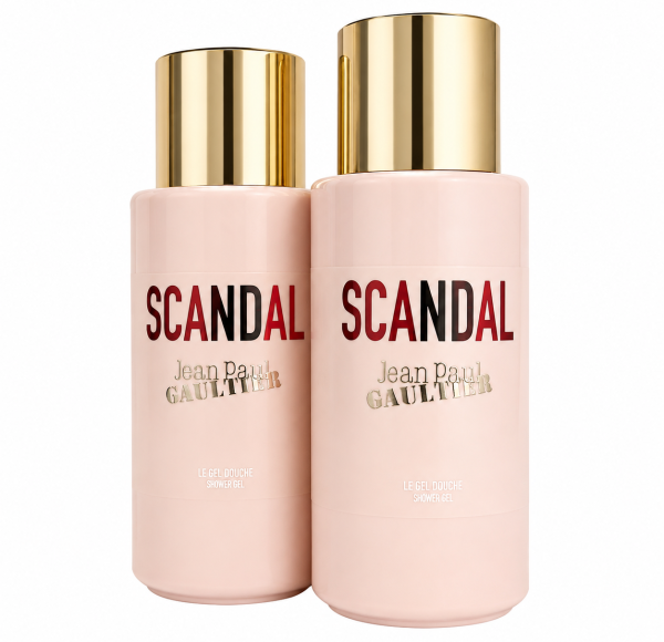 Two 150ml bottles of Jean Paul Gaultier Scandal Pour Femme Shower Gel for Women, featuring pink packaging and gold caps, are placed side by side against a white background.