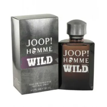 A bottle and box of Joop Homme Wild 125ml Eau De Toilette for Men, EDT, featuring bold white and purple text and a skull graphic on the packaging.