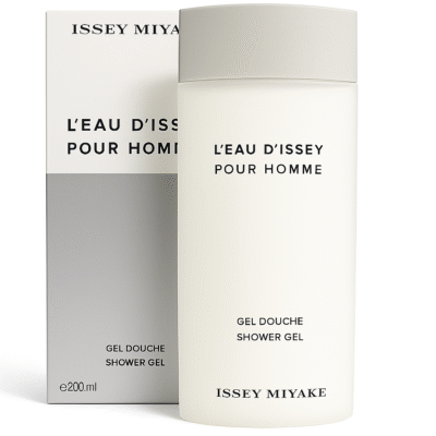 Two bottles of Issey Miyake L'eau D'Issey 200ml Shower Gel for Men, each labeled in French and English.