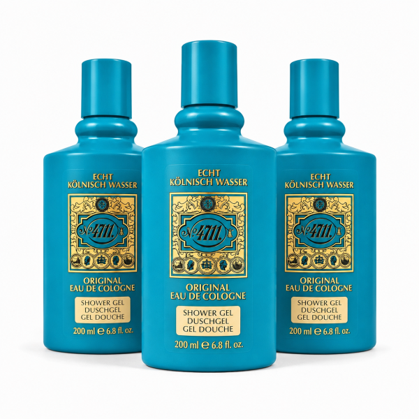 Three bottles of Maurer & Wirtz No 4711 Original Eau De Cologne Shower Gel, 200ml each, are arranged side by side against a white background.