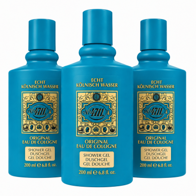 Three bottles of Maurer & Wirtz No 4711 Original Eau De Cologne Shower Gel, each with a 200ml capacity, are positioned side by side against a white background.