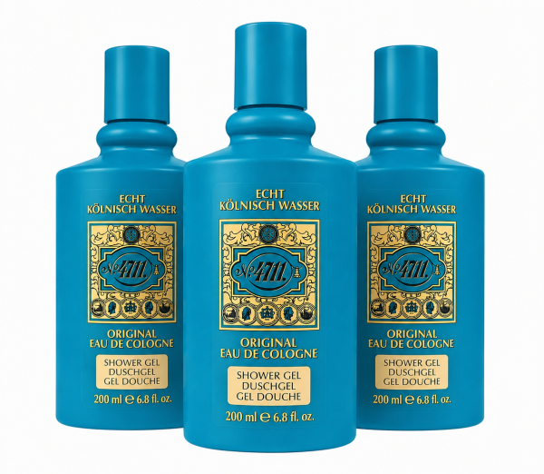 Three bottles of Maurer & Wirtz No 4711 Original Eau De Cologne Shower Gel, each with a 200ml capacity, are positioned side by side against a white background.