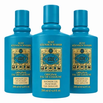 Three bottles of Maurer & Wirtz No 4711 Original Eau De Cologne Shower Gel, each with a 200ml capacity, are positioned side by side against a white background.