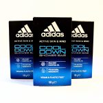 Three boxes of Adidas Cool Down Shower Bar featuring wild mint essential oil. Each box contains 100g of vegan and plastic-free product made from 97% natural ingredients.