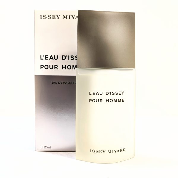 A box and bottle of Issey Miyake L'eau D'Issey Pour Homme eau de toilette, 125ml. The bottle and box have a minimalist design with white and gray colors.