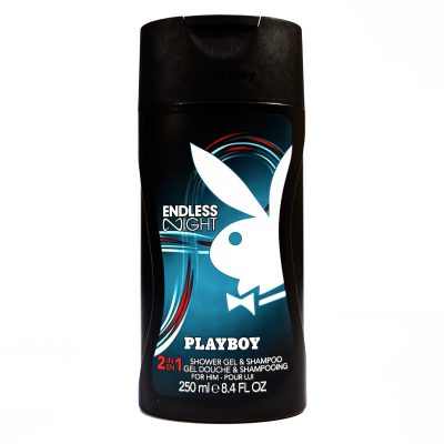 Black bottle of Playboy Endless Night 2-in-1 shower gel and shampoo, 250 ml, featuring a prominent white bunny logo.