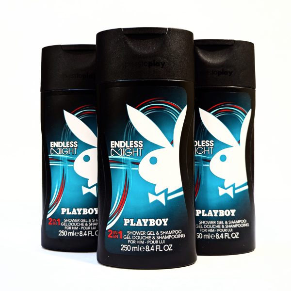 Three bottles of Playboy Endless Night 2-in-1 shower gel and shampoo, 250 ml size, with a black and blue design featuring a white rabbit logo.