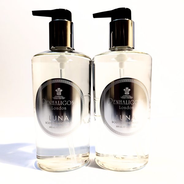 Two bottles of Penhaligon's Luna Body & Hand Wash, 300ml each, with pump dispensers on a white background.