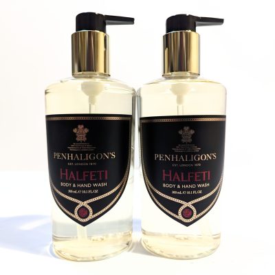 Two 300ml bottles of Penhaligon's Halfeti Body & Hand Wash, gold pumps, on a white background.