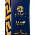 Detailed description of Versace Pour Homme Dylan Blue Eau de Toilette 30ml Spray for men: Features a gold Versace logo and an intricate design on a dark blue background.