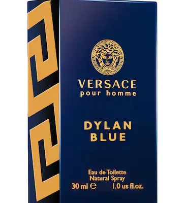 Detailed description of Versace Pour Homme Dylan Blue Eau de Toilette 30ml Spray for men: Features a gold Versace logo and an intricate design on a dark blue background.