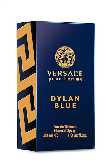 Detailed description of Versace Pour Homme Dylan Blue Eau de Toilette 30ml Spray for men: Features a gold Versace logo and an intricate design on a dark blue background.