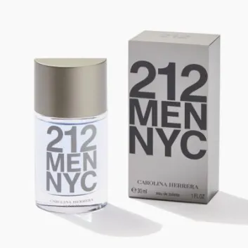 A bottle and box of Carolina Herrera 212 NYC Men EDT Spray 100ml, both featuring bold gray text on a white background.