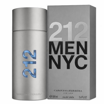 A bottle and box of Carolina Herrera 212 NYC Men EDT Spray 100ml, featuring a sleek metallic design with bold text.