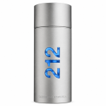 A cylindrical silver bottle of Carolina Herrera 212 NYC Men EDT Spray (100ml) featuring "212" in blue on the front and "Carolina Herrera" engraved near the base, displayed against a white background.