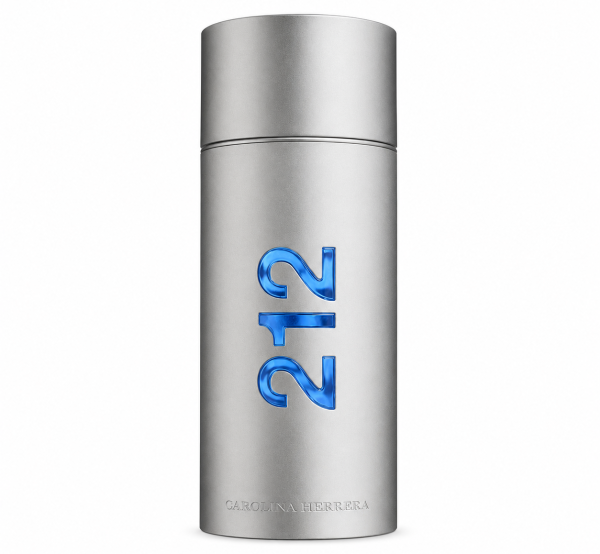 A cylindrical silver bottle of Carolina Herrera 212 NYC Men EDT Spray (100ml) featuring "212" in blue on the front and "Carolina Herrera" engraved near the base, displayed against a white background.