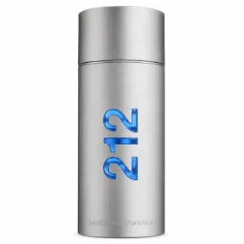 A cylindrical silver bottle of Carolina Herrera 212 NYC Men EDT Spray (100ml) featuring "212" in blue on the front and "Carolina Herrera" engraved near the base, displayed against a white background.