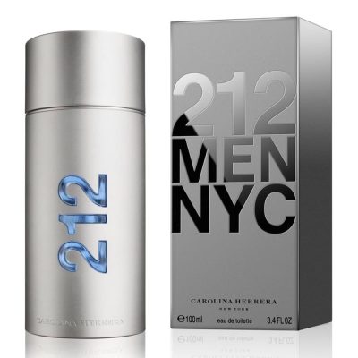 A silver bottle of Carolina Herrera 212 NYC Men EDT Spray 100ml stands beside its matching silver box, both prominently featuring the product name and branding.