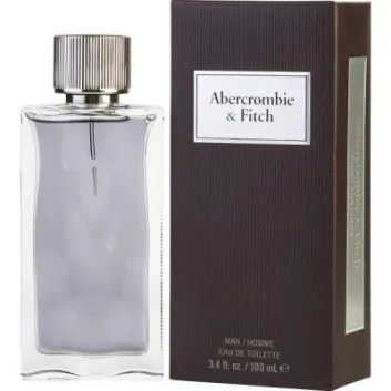 A clear glass bottle of Abercrombie & Fitch First Instinct 100ml Eau de Toilette Spray for Men is displayed beside its dark brown box.