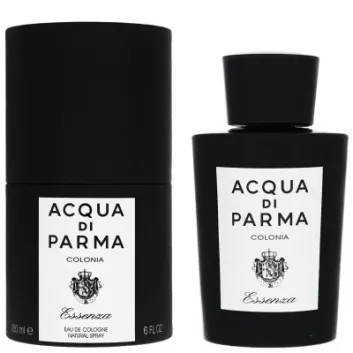 A black bottle and cylindrical box of Acqua di Parma Colonia Essenza Eau De Cologne 180ml for men, each with a white label displaying black text and a crest.