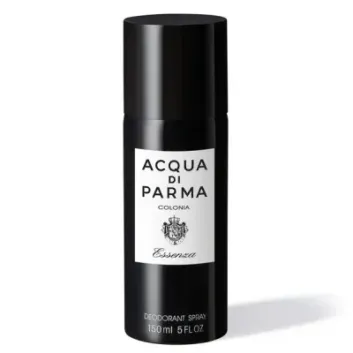 Set of two black cylindrical Acqua di Parma Colonia Essenza deodorant sprays for men, 150ml each, featuring white labels with black text.