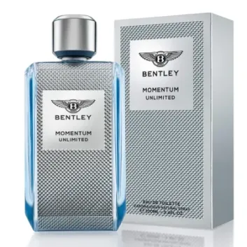 The Bentley Momentum 100ml Eau De Toilette EDT for Men bottle, featuring a textured silver design, is displayed alongside its matching box.