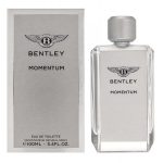 A box and clear rectangular bottle with a silver cap, both featuring the Bentley logo and "Bentley Momentum 100ml Eau De Toilette EDT for Men," are displayed side by side.