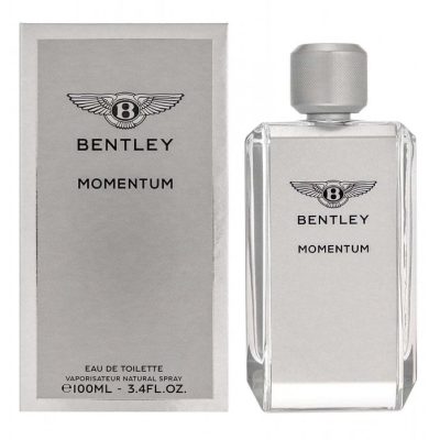 A box and clear rectangular bottle with a silver cap, both featuring the Bentley logo and "Bentley Momentum 100ml Eau De Toilette EDT for Men," are displayed side by side.