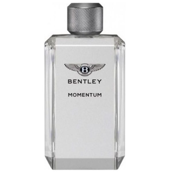 A clear glass bottle of Bentley Momentum 100ml Eau De Toilette for Men with a silver cap, featuring the Bentley logo and product name on the front label.
