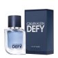A bottle of Calvin Klein Defy 30ml EDT for men is shown beside its dark blue packaging box.