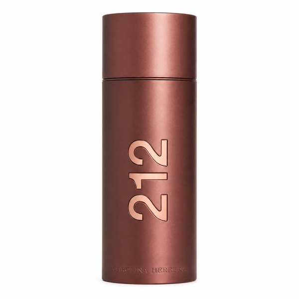 A cylindrical rose gold bottle of Carolina Herrera 212 Sexy Men EDT, 100ml Spray, with "212" embossed vertically on the front and "Carolina Herrera" engraved at the base.
