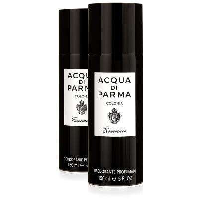 Two black cans of 2x Acqua di Parma Colonia Essenza Deodorant 150ml Spray for Men are displayed against a white background.