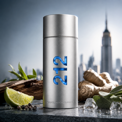 A bottle of Carolina Herrera 212 NYC Men EDT Spray 100ml rests on a stone surface, surrounded by lime, ginger, peppercorns, green leaves, and ice, with a city skyline featuring a tall building in the background.