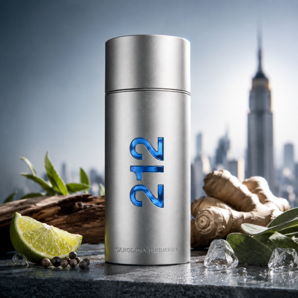 A bottle of Carolina Herrera 212 NYC Men EDT Spray 100ml rests on a stone surface, surrounded by lime, ginger, peppercorns, green leaves, and ice, with a city skyline featuring a tall building in the background.